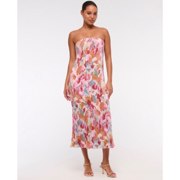 NWT A&F Giselle Pleat Release Satin Midi Dress Pink Pattern Multicolor Medium - Picture 1 of 15